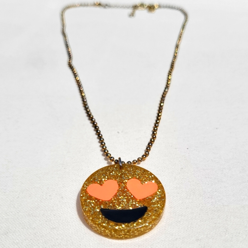 J. Crew Acrylic Gold Glitter Pink Heart Eye Smiley Face Emoji Necklace